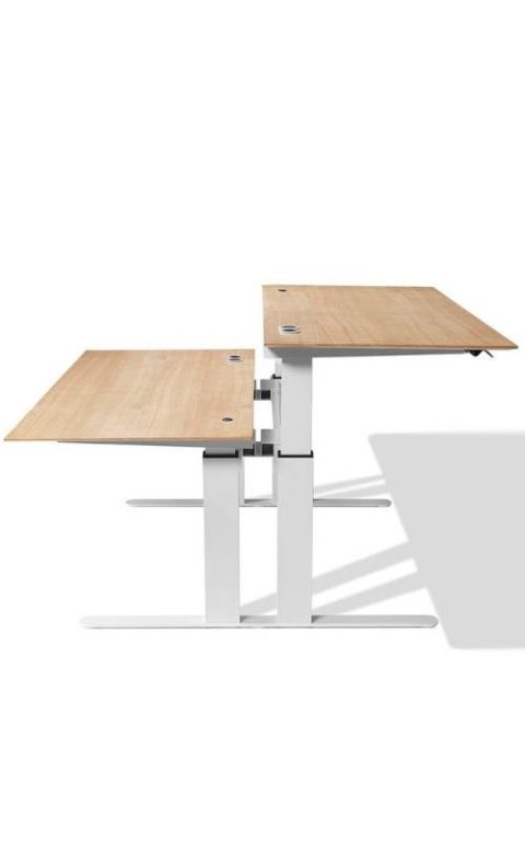 MSM Worktable 1, Schreibtisch mit zwei Arbeitsplätzen, höhenverstellbar, Gestell weiß, Tischplatten Holz