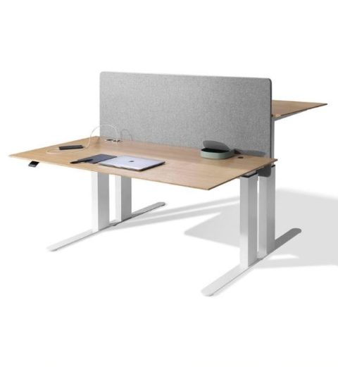 MSM Worktable 1, Schreibtisch mit zwei Arbeitsplätzen, höhenverstellbar, mit Trennwand, Gestell weiß, Tischplatten Holz