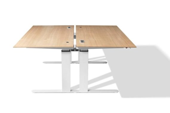 MSM Worktable 1, Schreibtisch mit zwei Arbeitsplätzen, höhenverstellbar, Gestell weiß, Tischplatten Holz
