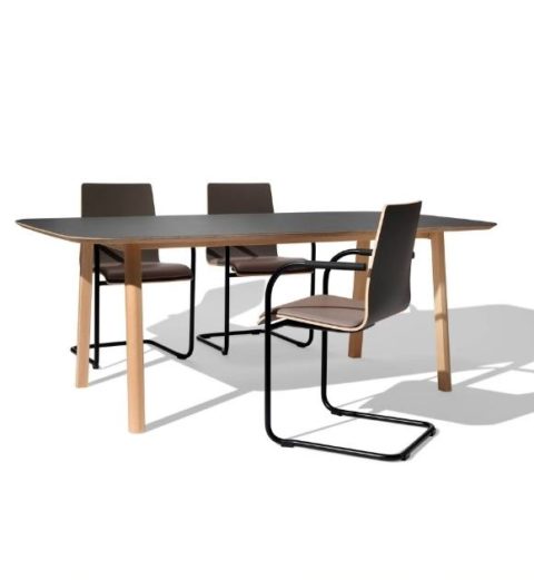 MSM Holztisch Lotte, massive Eiche, große Tischplatte schwarz beschichtet, mit MSM Stuhl Freischwinger Genius