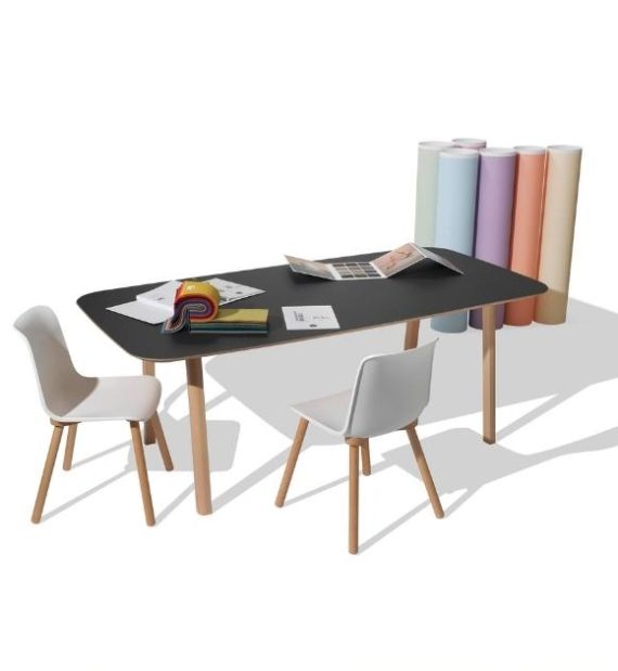 MSM Holztisch Lotte, massive Eiche, große Tischplatte schwarz beschichtet, mit MSM Stuhl FF3