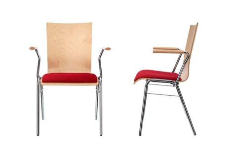 MSM Stapelstuhl Serie 3200 und Sitzschale aus Holz und Sitzpolster rot
